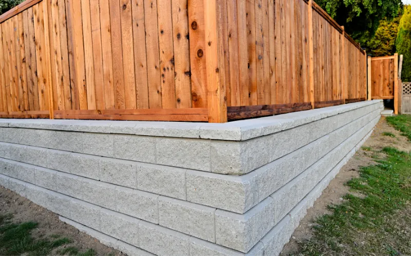 4-brick concrete retaining wall with new wood fence built on top